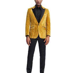 Gold Crushed Velvet Black Satin Peak Lapel Men's Jacket